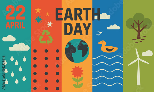 Earth Day celebration poster with planet icons, eco-friendly symbols, and vibrant nature background for environmental awareness