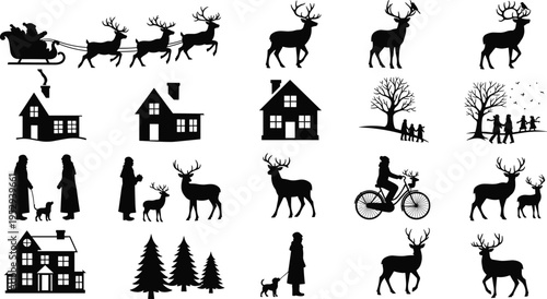 Winter silhouette clipart, holiday scene vector, Santa sleigh reindeer, festive house icons, seasonal people graphics, black Christmas illustrations