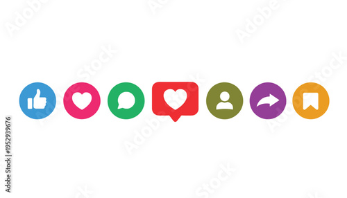 Social media icons for like, love, comment, and share on a white background