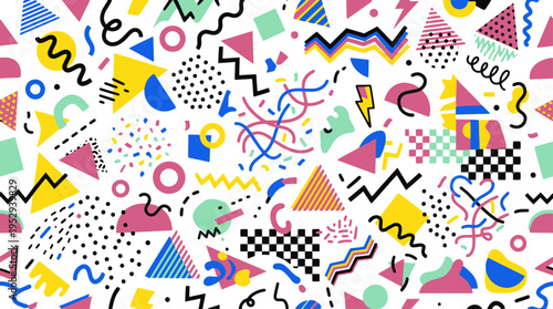 A vibrant and colorful abstract pattern featuring various shapes and designs on a white background