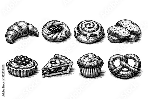 Collection of delicious baked goods in a vintage engraved illustration style