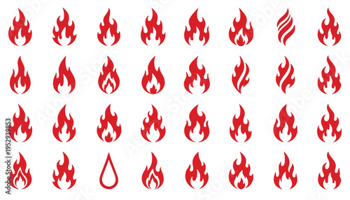 Flame icon set with various red fire symbols and a water drop