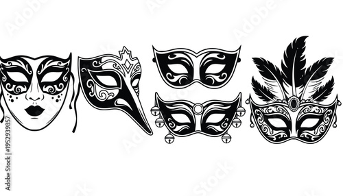 A set of masquerade masks in elegant black and white illustration style