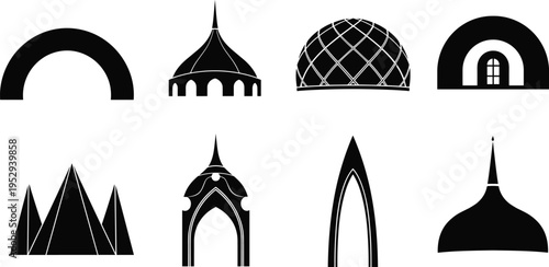 Architectural silhouette icon set featuring various roof styles, domes, arches, modern building tops, and historical structure elements in black vector graphics.