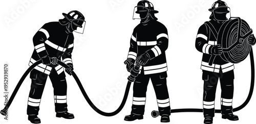 Firefighter silhouettes operating hose equipment, emergency response team concept, firefighting action illustration, rescue workers in uniform, black vector figures isolated on white background