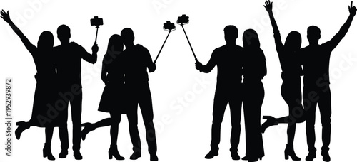 People silhouettes taking selfies with smartphones, social media lifestyle concept, happy friends posing together, modern communication illustration, black vector figures isolated on white background