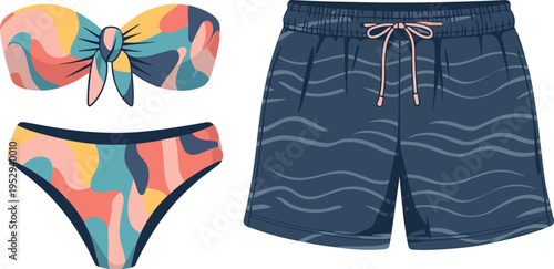 Beachwear vector illustration featuring colorful patterned bikini for women and blue wavy swim trunks for men on a white background.