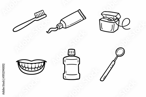 Dental hygiene icons: toothbrush, toothpaste, mouthwash, mouth mirror, smile