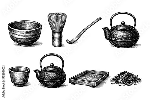 Traditional Japanese matcha tea ceremony set with whisk, scoop, bowls, and teapot