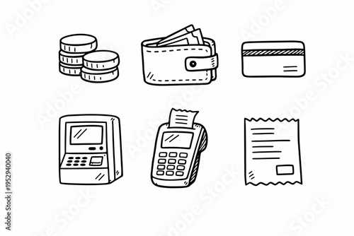 Hand-drawn financial icons including wallet, coins, card, atm, payment terminal, and receipt