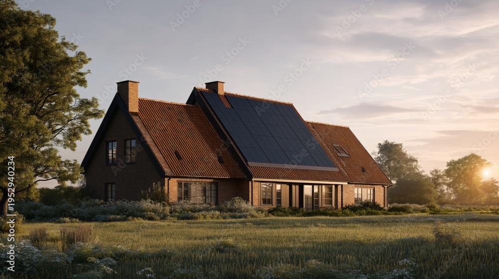 Fototapeta premium Sustainable Country Home with Solar Panels at Golden Hour Sunset