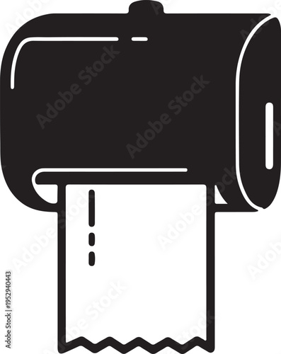 Black and white vector icon of a wall-mounted paper towel dispenser with a single sheet hanging down, representing hygiene and convenience.