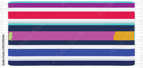 Colorful striped rug vector illustration featuring vibrant horizontal bands of purple, red, blue, and pink with white decorative fringe edges.