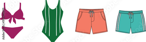 Swimwear collection featuring women's bikini and one-piece swimsuit along with men's swim trunks and athletic shorts in colorful vector illustrations.