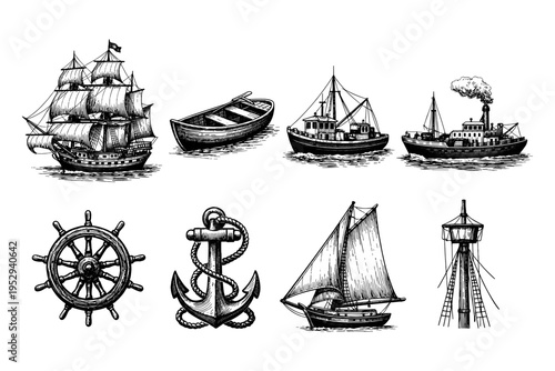 Collection of vintage nautical vessels and maritime equipment in detailed black and white illustration