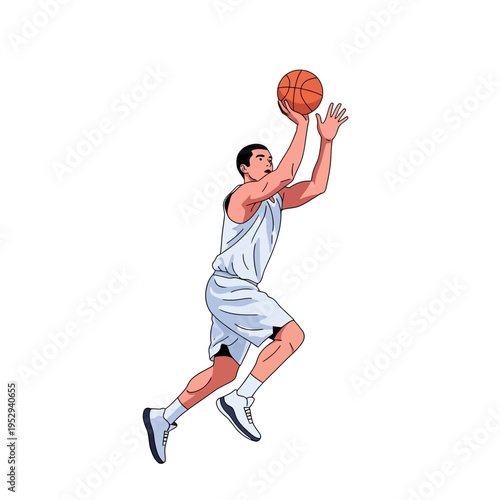 Dynamic male basketball player in mid-air, executing a jump shot with precision.