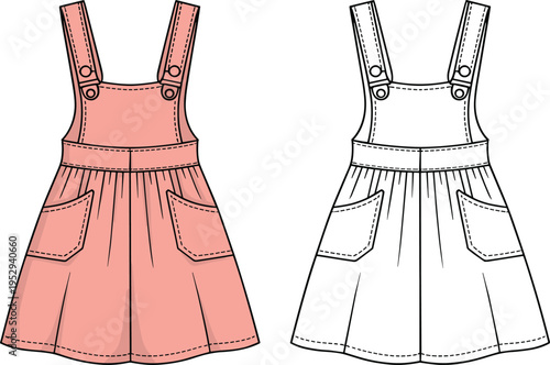Technical fashion flat sketch for pinafore dress featuring peach color and line art versions with shoulder straps and front pockets.