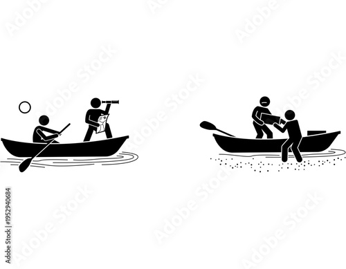 Stick figures illustrate a boat journey, with one scene showing navigation and exploration using a telescope and map, and another depicting assistance or disembarking from the boat.
