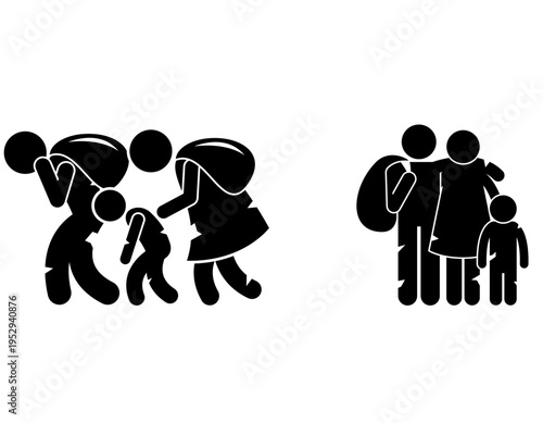 Two stick figure family groups, one burdened and migrating, the other standing together, symbolizing different aspects of family life and displacement.