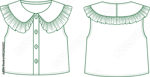 Technical fashion flat sketch of sleeveless blouse featuring large ruffled Peter Pan collar and button down front in green vector.