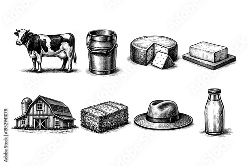 Vintage farm and dairy products illustration with cow, barn, cheese, butter, milk, and hay bale