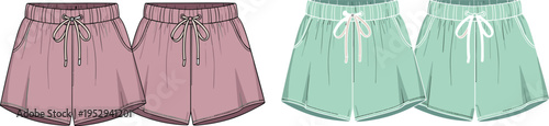 Technical fashion flat sketches for women loungewear shorts featuring elastic drawstring waist and side pockets in rose and green colors.