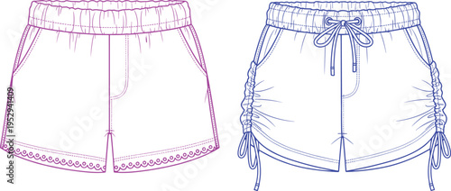 Technical fashion flat sketches for women shorts featuring lace trim hem and side ruched drawstring details in pink and blue.