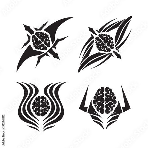 AI Brain Spaceship Silhouette Icon 4 Bundle – White Background