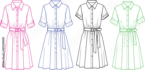 Elegant women shirt dress vector outline, fashion sketch collection, minimal line art clothing design, modern apparel illustration set, stylish outfit concept
