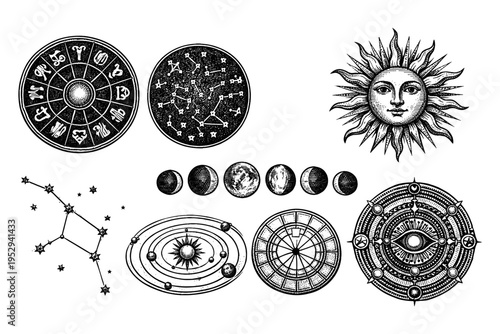 Vintage celestial and astrological symbols including sun, moon phases, zodiac and constellations
