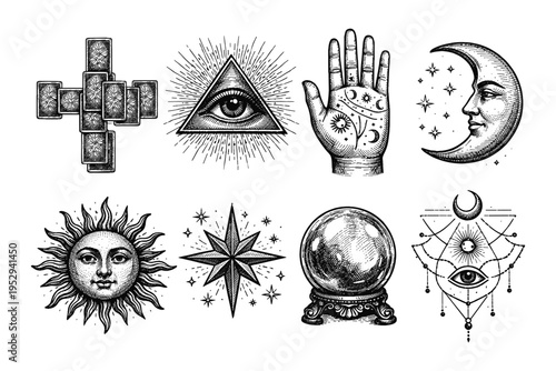 Esoteric symbols collection: tarot, eye of providence, palmistry, moon, sun, crystal ball