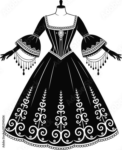 Vintage victorian gown silhouette featuring ornate embroidery, bell sleeves with tassels, corseted bodice, and decorative lace details in black and white.