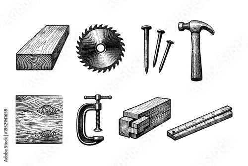 Collection of vintage woodworking tools and materials in a detailed engraving style