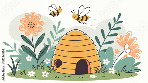 Beehive garden illustration with bees flowers nature scene
