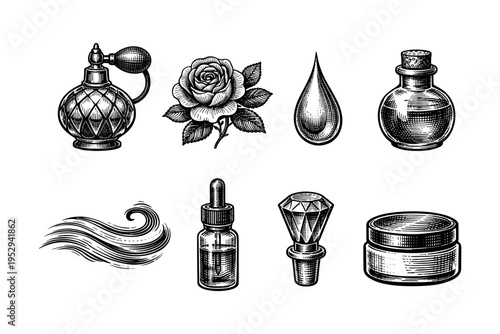 Vintage cosmetic and beauty product illustrations including perfume bottle, rose, and essential oil dropper