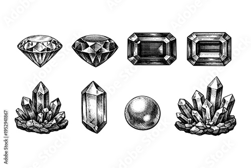 Collection of hand-drawn gemstones and crystals in a vintage engraving style