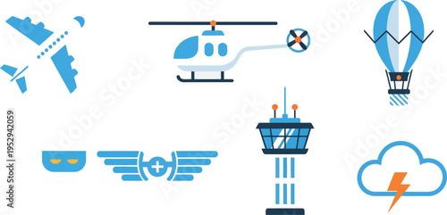 Collection of icons representing various modes of air and aviation services