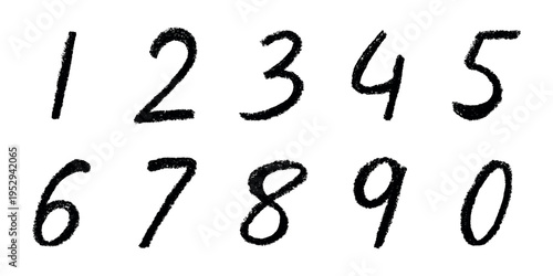 Hand drawn black numbers 1 2 3 4 5 6 7 8 9 0 Stylish brush painted numbers with pencil texture Count, math, kids education