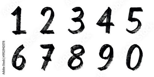 Hand drawn black numbers 1 2 3 4 5 6 7 8 9 0 Stylish brush painted numbers doodle Count, math, kids education