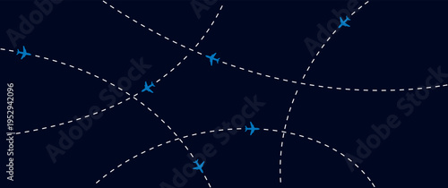 Airplane flight routes abstract background with dotted paths