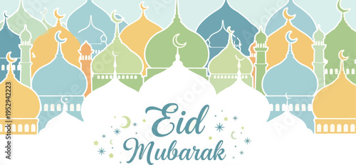 Colorful illustration celebrating the joyous occasion of eid mubarak with mosque domes and crescent moons