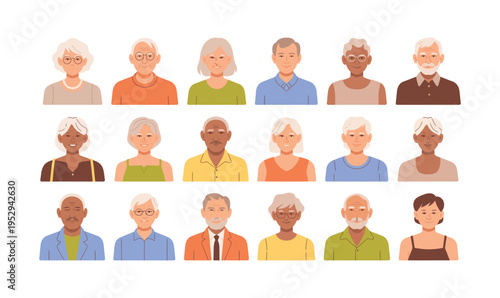 Senior People Avatar Set Vector Illustration with Diverse Elderly Men and Women Characters