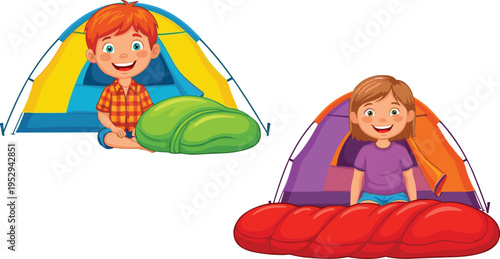 Camping kids illustration, children sitting in front of colorful tents, outdoor adventure, happy campers, summer vacation, cartoon style, bright colors, vector art