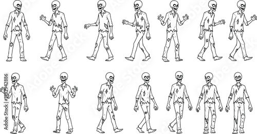 Zombie character animation sprite sheet featuring a walking cycle of a creepy undead skeleton man in tattered clothes for 2D game development assets