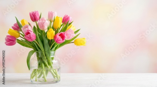 A vibrant bouquet of pink and yellow tulips in a clear glass vase on a white table