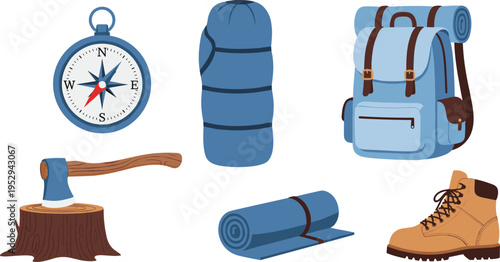 Camping gear essentials, compass, sleeping bag, backpack, hiking boot, axe, rolled mat, outdoor adventure equipment, survival tools, exploration vector illustration