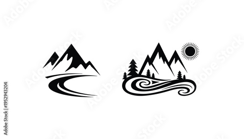 Mountain range silhouette vector icons with trees and sun