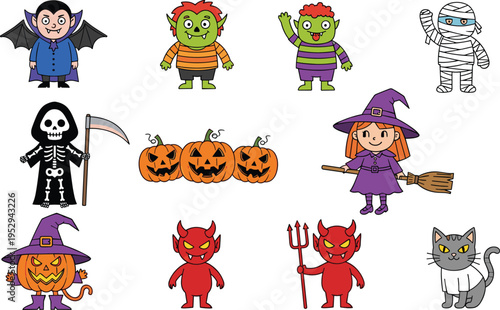 Large set of cute Halloween cartoon characters including vampire witch mummy devil reaper and pumpkin isolated flat vector illustrations for kids party decorations