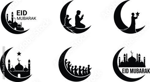 Set of Fifteen Detailed Black Mosque Silhouettes with Diverse Dome and Minaret Architectural Designs for Ramadan Kareem and Eid Mubarak Religious Festival Graphic Projects