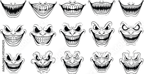 Large collection of scary monster faces with sharp teeth and evil smiles black and white hand drawn vector illustrations for horror halloween designs